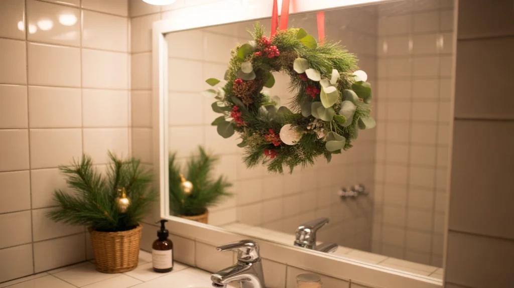 mini wreath hanging on a bathroom mirror with soft greenery and warm holiday tones