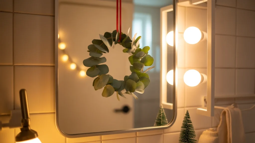 Small wreath hanging on a bathroom mirror with soft winter greenery and warm reflections.
