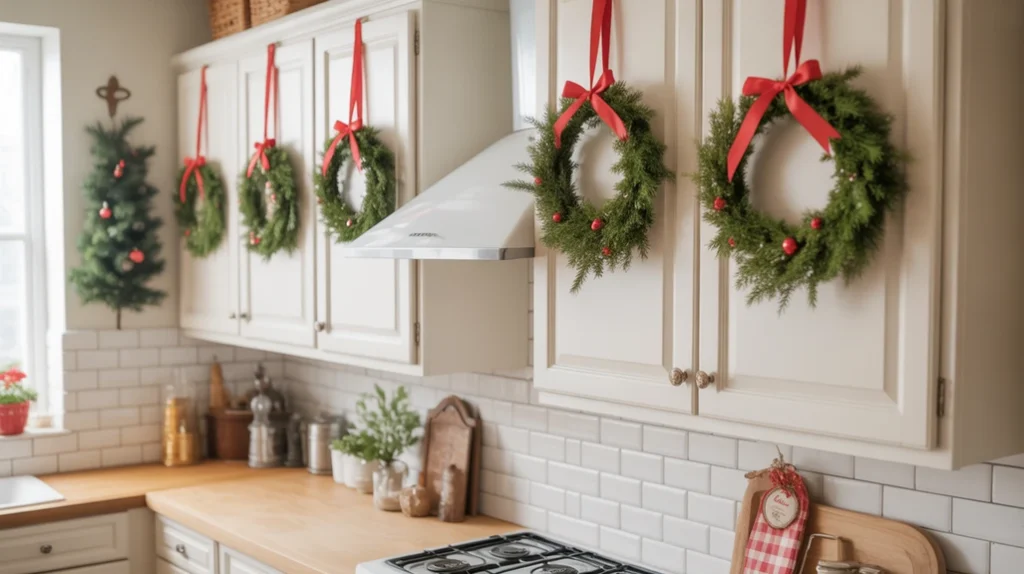 White kitchen cabinets with small green wreaths tied with red ribbons adding festive charm and symmetry
