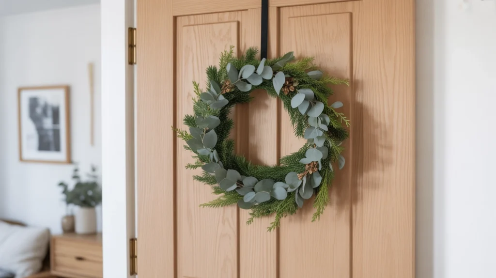 “Minimal evergreen wreath hanging in a Scandinavian entryway for simple Nordic Christmas decor”
