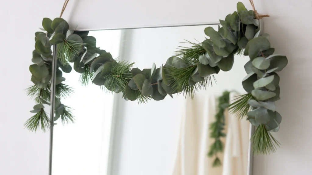 cool festive blue and silver christmas bathroom decor ideas featuring silver ornaments and frosted greenery