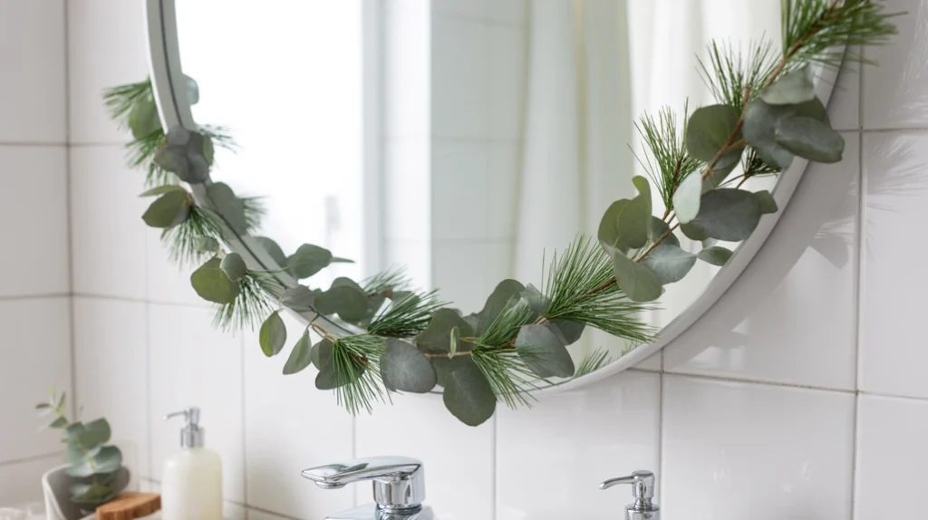 minimalist greenery garland draped on a modern bathroom mirror with soft winter tones