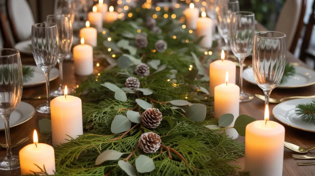 Natural greenery Christmas centerpiece with cedar, eucalyptus, candles, and pinecones