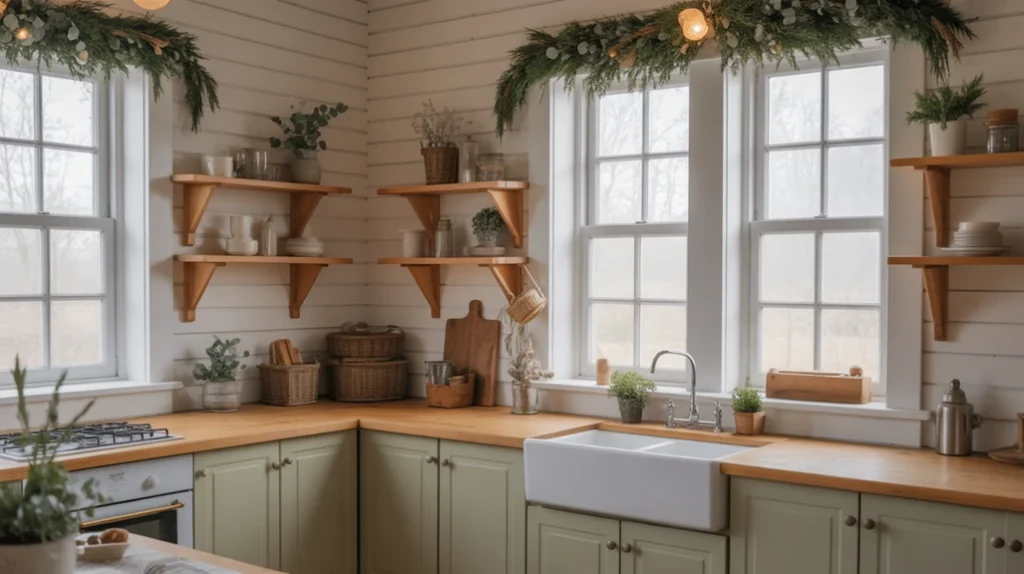 pine garlands and eucalyptus greenery in a farmhouse christmas kitchen with wooden cabinets