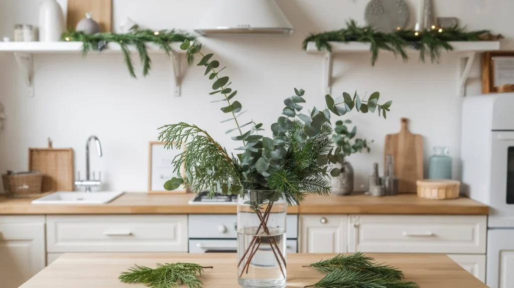 Minimalist kitchen decorated with pine and eucalyptus sprigs, natural Christmas greenery for calm festive look
