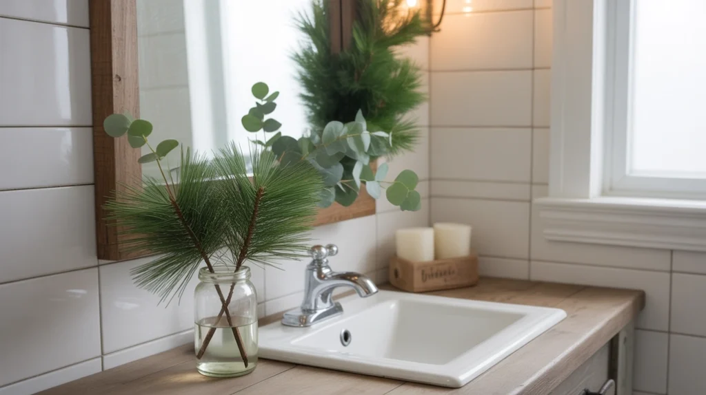 natural greenery around bathroom mirror adding cozy farmhouse christmas warmth