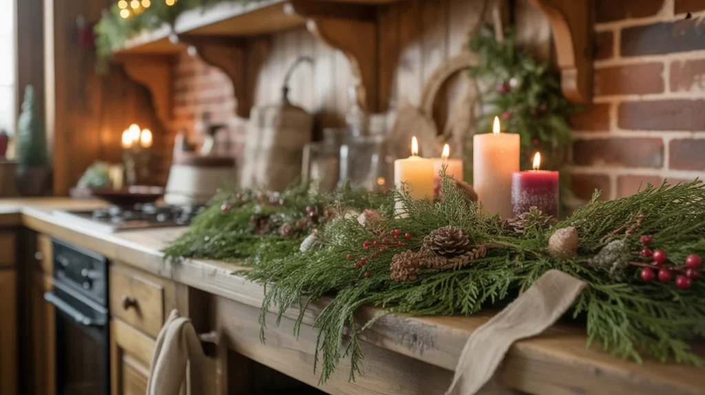 pine and cedar garlands decorating rustic christmas kitchen shelves with candles and wood tones