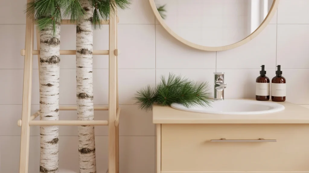 natural wood accents used in scandinavian christmas bathroom decor for a warm nordic holiday look