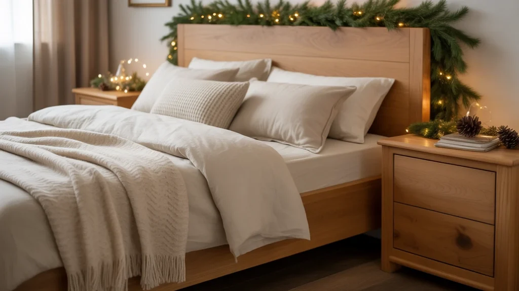 Natural wood and neutral Christmas color palette creating warm balanced rustic modern bedroom