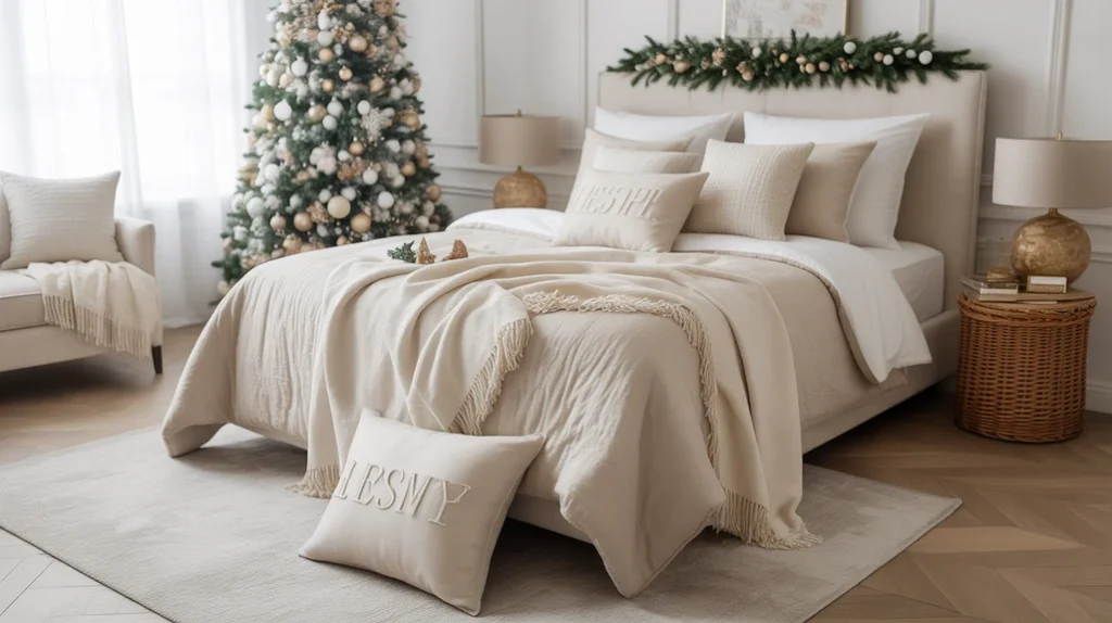 Minimalist Christmas bedroom with neutral bedding and accent pillows for balanced holiday design.