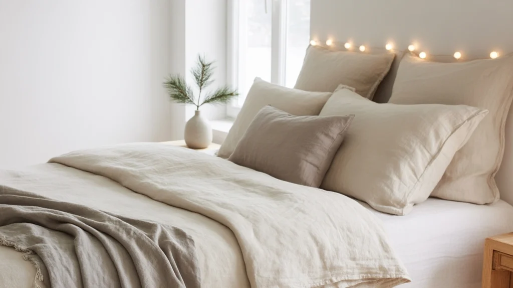 Neutral white and beige color palette creating calm and elegant minimalist Christmas bedroom design