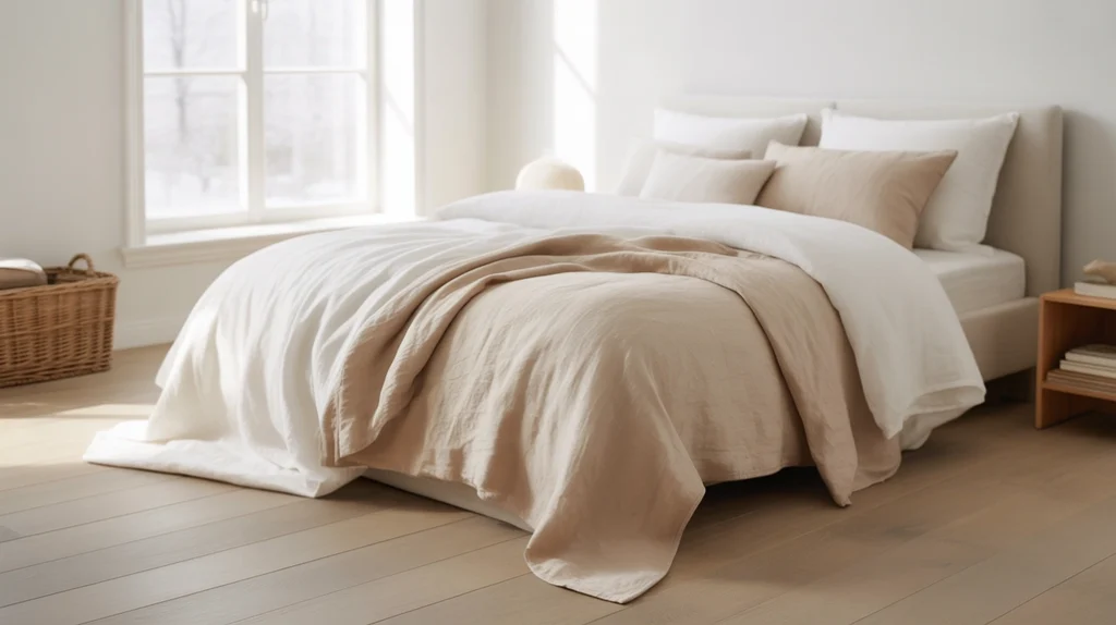 Neutral white and beige Scandinavian bedroom with linen bedding and soft minimalist Christmas accents