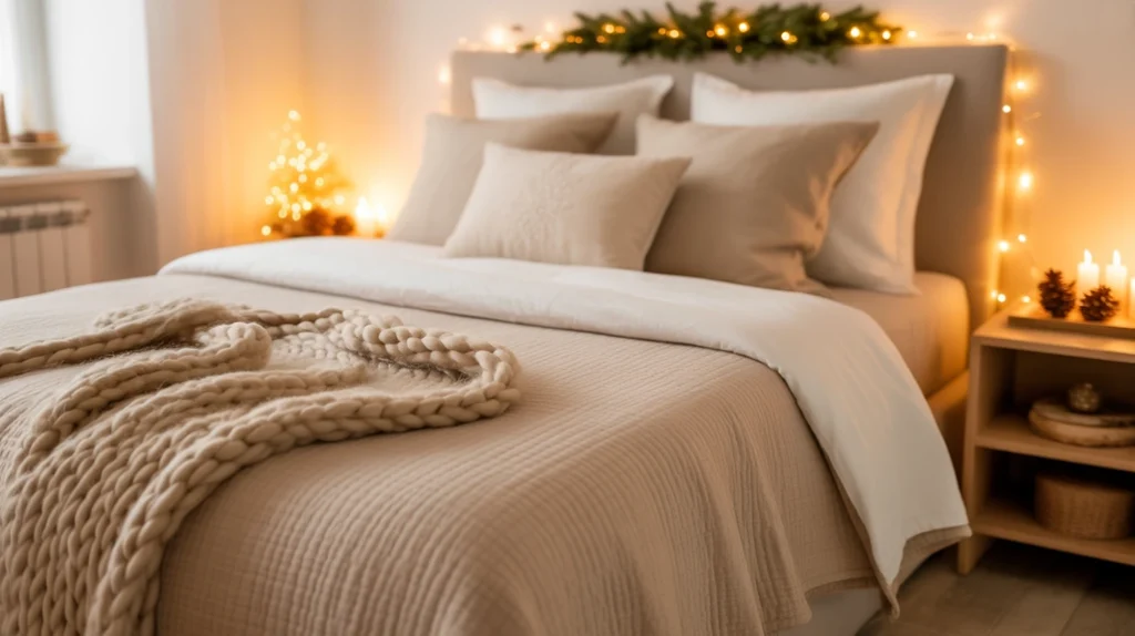 neutral Christmas bedding in beige and ivory tones with knit blankets and linen textures for a cozy winter retreat