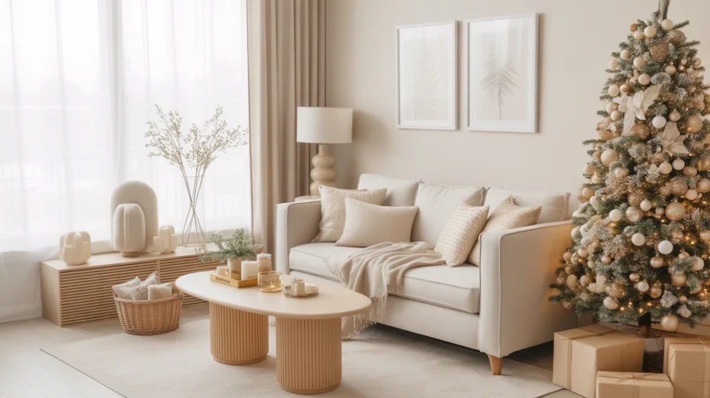 Neutral Christmas color palette with beige and cream tones for cozy holiday home styling