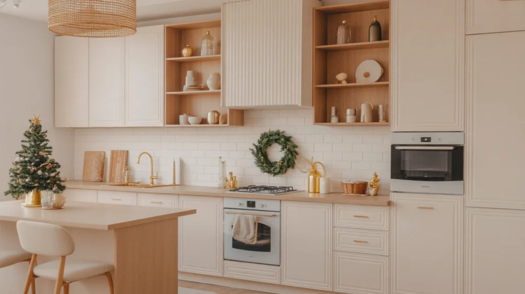 Neutral Christmas kitchen color palette with white cabinets and gold festive accents