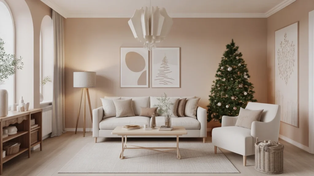 Modern minimalist Christmas living room with neutral color palette, white furniture, beige tones, and Scandinavian-style decor.”