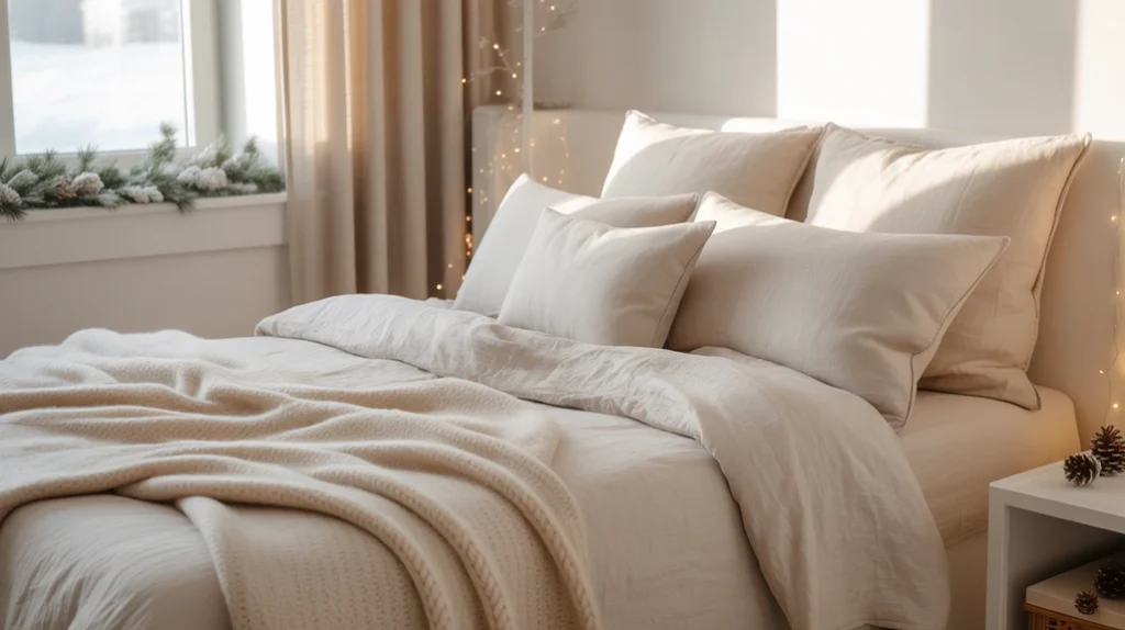 Neutral foundation with white bedding and subtle Christmas accents for a modern holiday bedroom