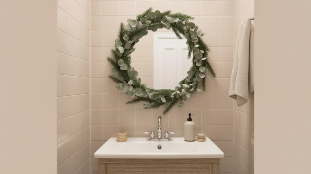 bathroom decorated with soft eucalyptus and pine greenery in a neutral holiday style