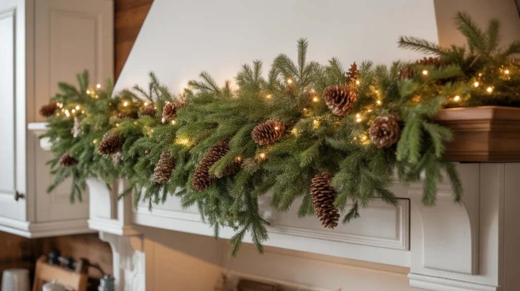 Evergreen pine garland styled above kitchen cabinets for classic natural Christmas greenery