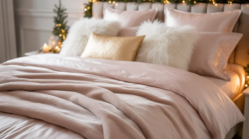 pink Christmas bedding in blush and ivory tones layered with velvet blankets and gold pillows for cozy feminine holiday decor