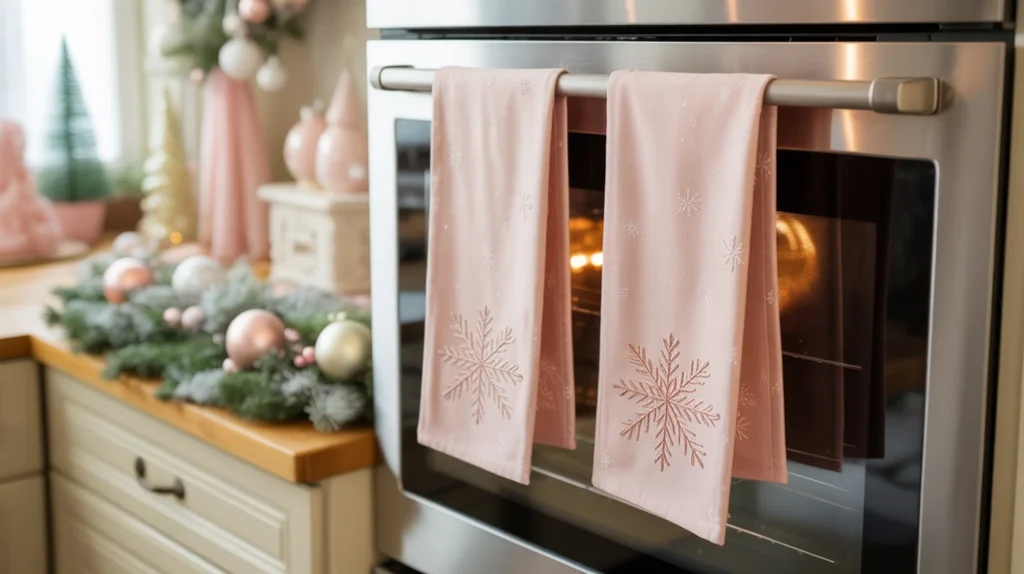 Soft pink Christmas kitchen towels adding festive pastel charm to a modern holiday kitchen