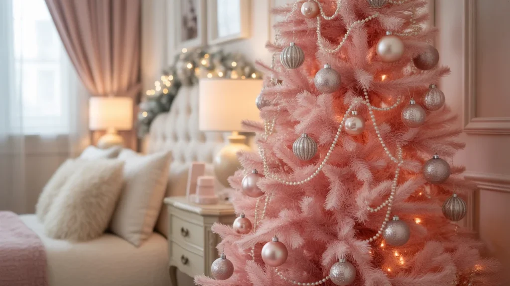 Pink Christmas tree decorated with silver ornaments and pearls in a cozy girls’ bedroom