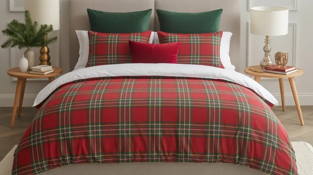 Red and green Christmas bedding set with plaid comforter and festive pillows