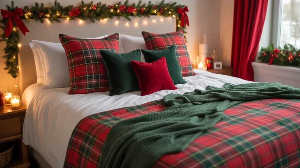 Red and green Christmas bedroom decor with plaid cushions and green throws for timeless holiday charm