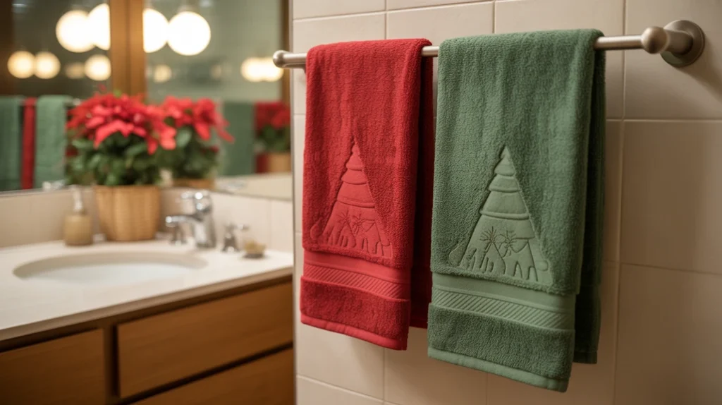 red and green holiday towels hanging neatly in a festive bathroom