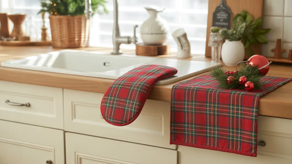 Kitchen decorated with red and green Christmas towels, plaid linens, and oven mitts for a cheerful festive touch.