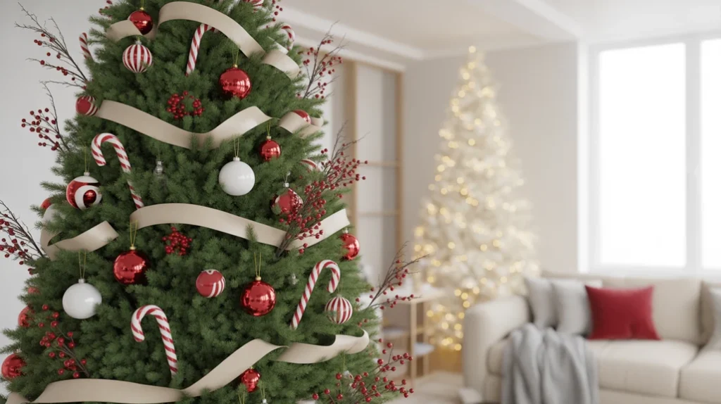 Red and white Christmas tree decor ideas featuring ribbon garlands, red baubles, candy canes, and warm lights.