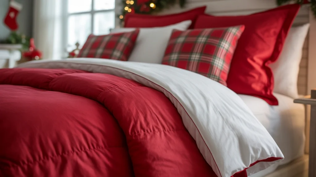 Red and white Christmas bedding decor with plaid cushions and striped throw for classic festive style