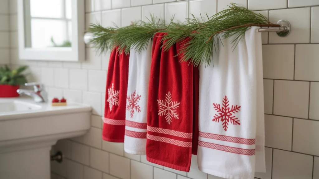 red and white christmas towels styled in a classic holiday bathroom