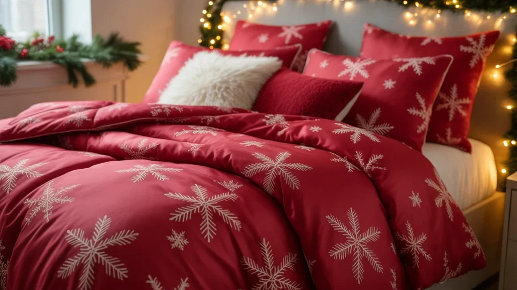 red christmas bedroom ideas featuring festive bedding with snowflake prints and layered winter blankets