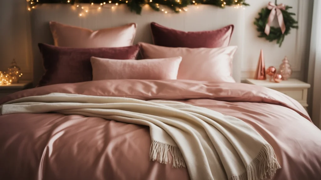 rose gold bedding with satin sheets and faux fur blankets creating cozy luxury in modern Christmas bedroom decor