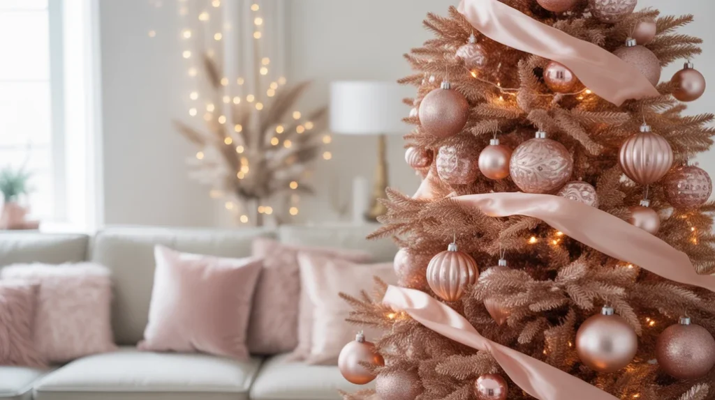 Rose gold Christmas tree decorated with champagne ornaments, blush ribbons, and twinkling lights in a chic holiday living room.