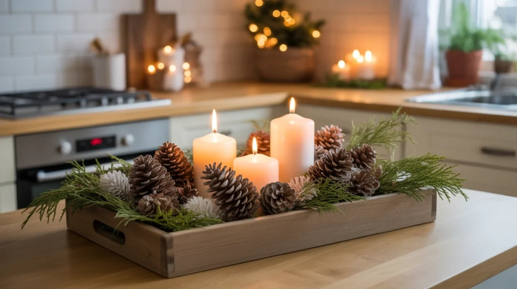 natural rustic christmas tray with pinecones, cedar branches, and cozy winter greenery on kitchen counter