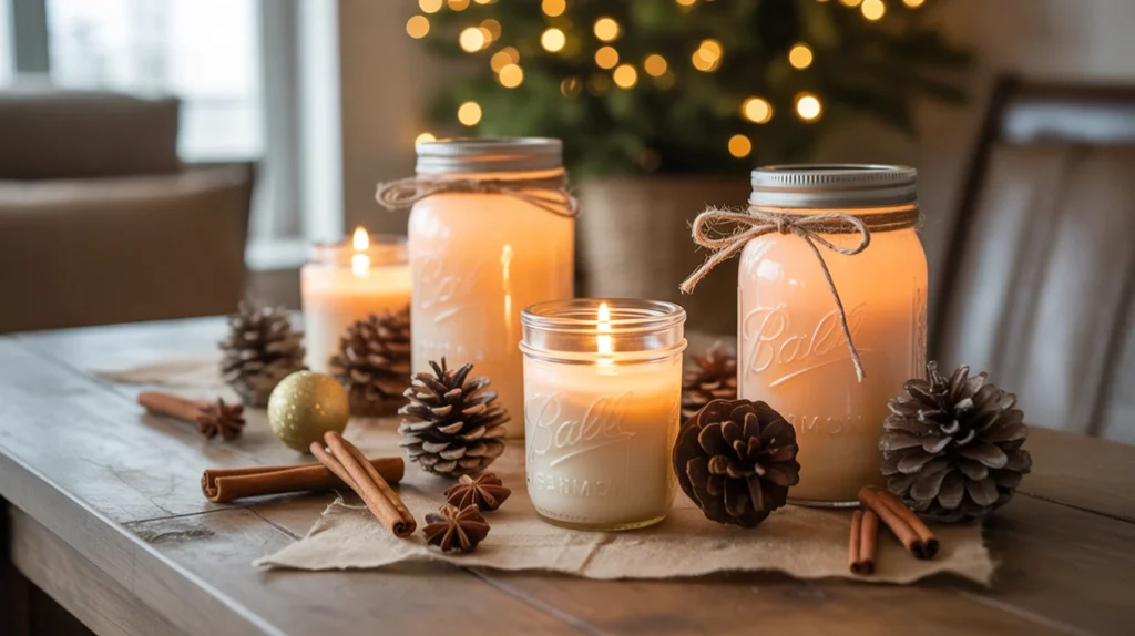 Rustic mason jar Christmas candles with pinecones and cinnamon sticks adding farmhouse charm to cozy holiday decor.