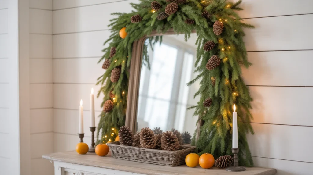 “Rustic pine garland decorating a farmhouse Christmas entryway with natural greenery”