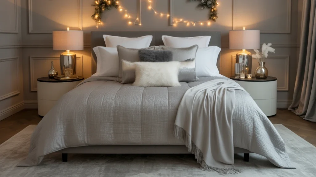 silver Christmas bedding set with white throws and velvet pillows creating a modern and elegant holiday bedroom look