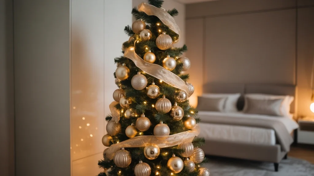 Slim pencil Christmas tree with ribbon and lights in small apartment bedroom corner