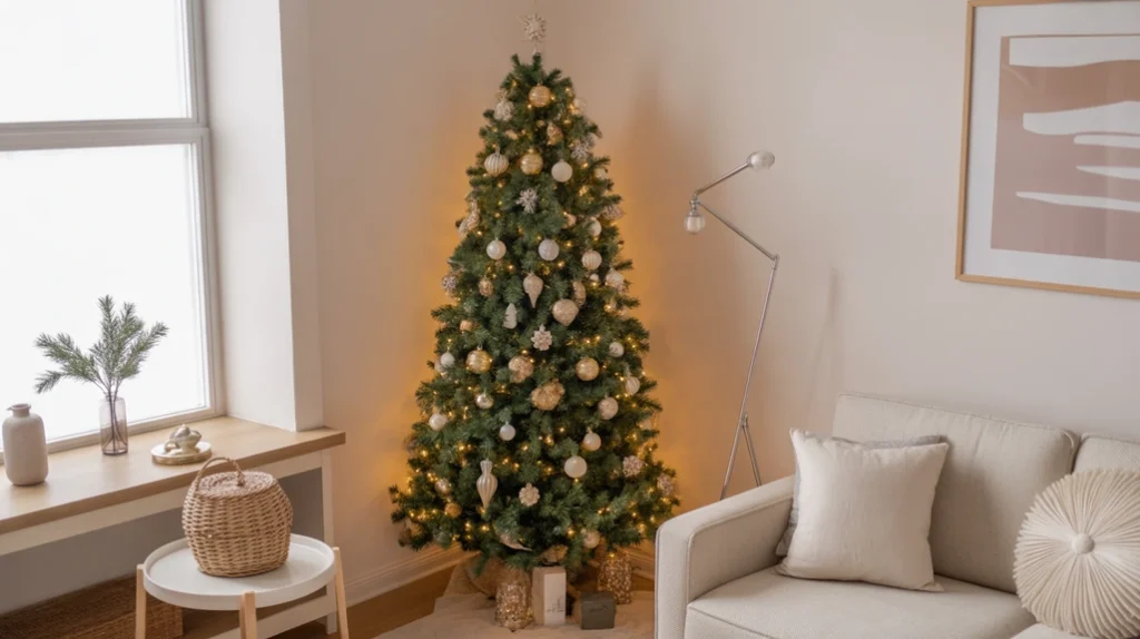 Slim pencil Christmas tree in a small apartment living room, decorated with gold ornaments and cozy lighting.