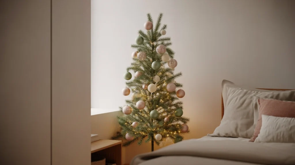 Slim tabletop Christmas tree with pastel ornaments in a compact bedroom corner