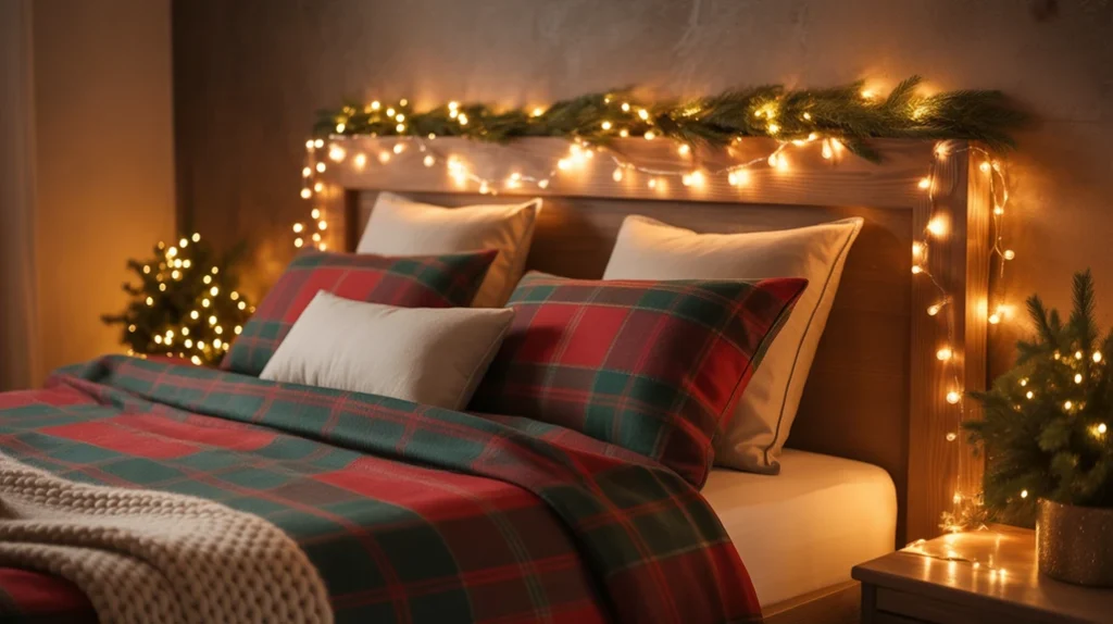 String lights above headboard creating cozy glow for Christmas bedroom lighting ideas