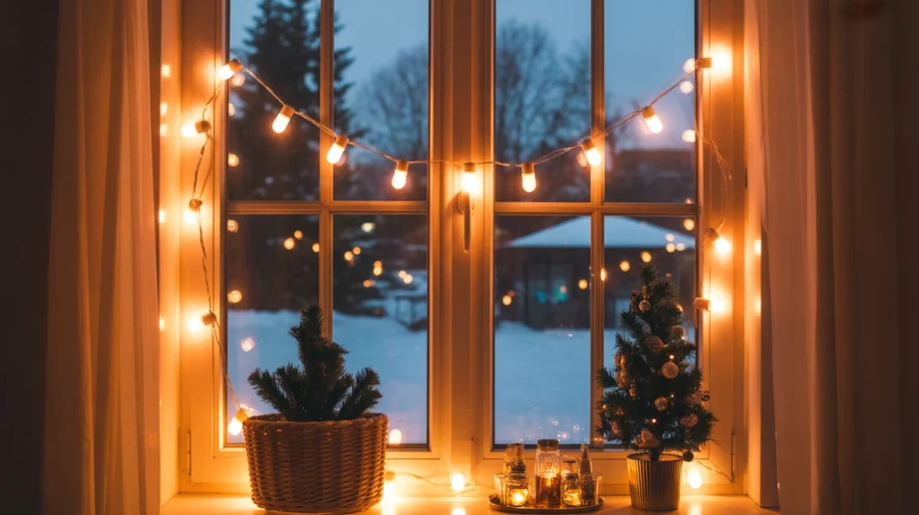 Twinkling string lights framing Christmas windows, glowing warmly inside and outside for a festive winter vibe.