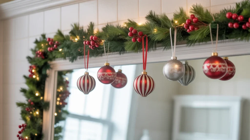 vintage christmas garland with classic berries and greenery styled on a bathroom mirror