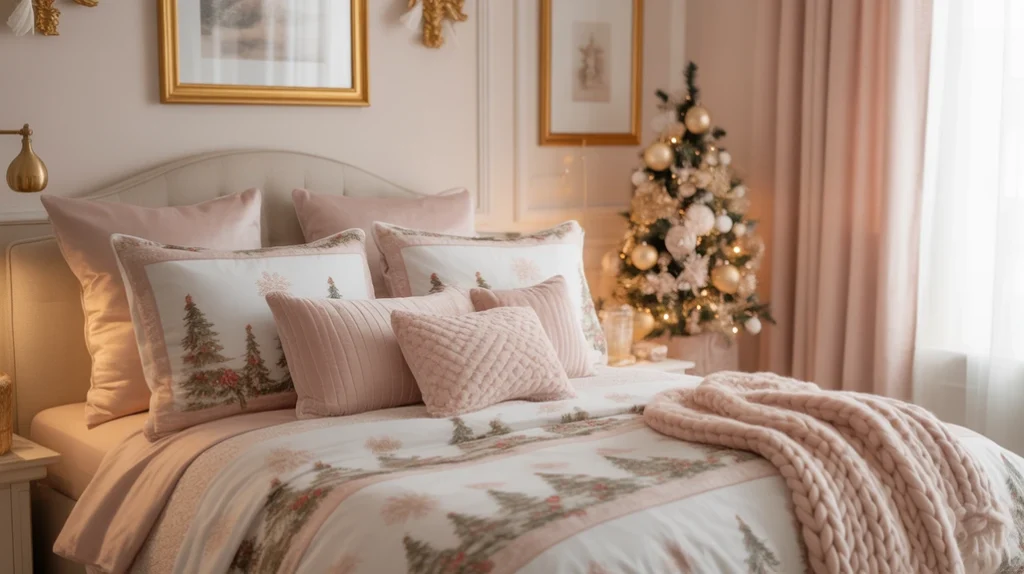 Guest bedroom decorated in warm blush and cream tones for cozy Christmas decor