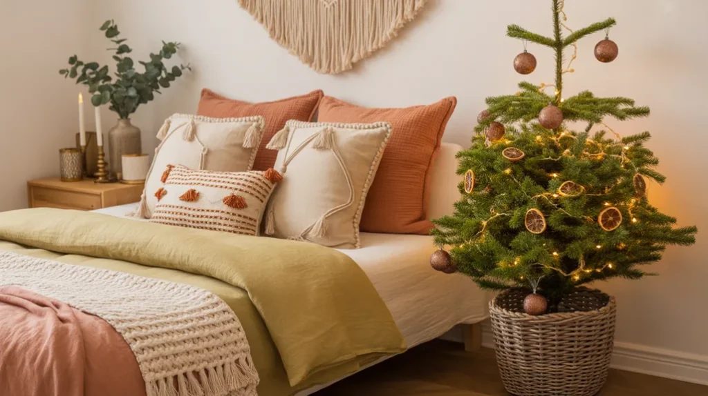 Warm earthy color palette with terracotta, olive green, and gold accents in a cozy bohemian Christmas bedroom