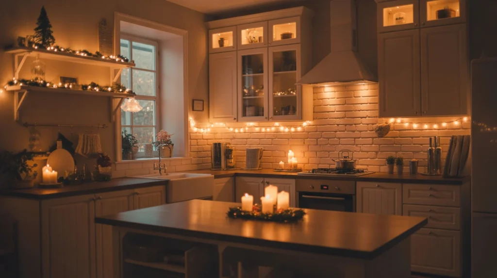 inviting cozy christmas kitchen with pine garlands, glowing lights, and rustic wood accents