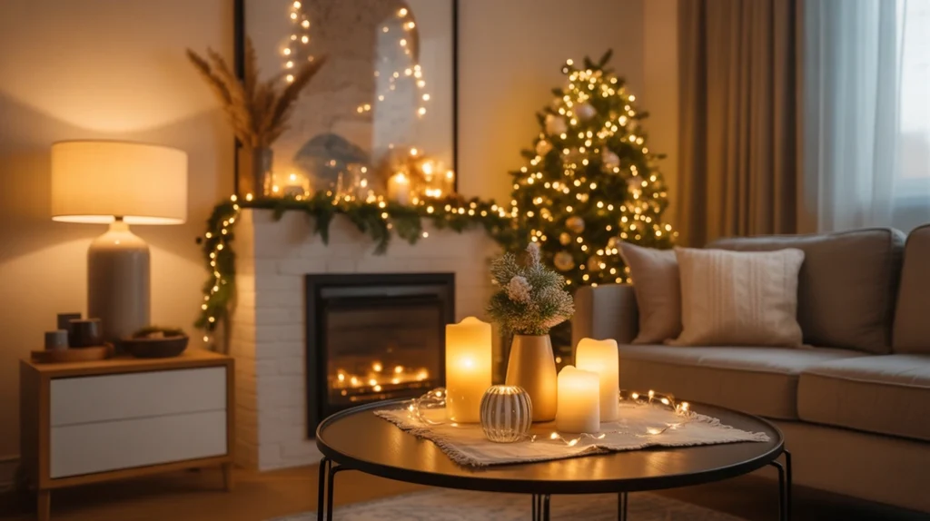 Layered Christmas lighting setup with fairy lights, candles, and lamps creating cozy warm glow